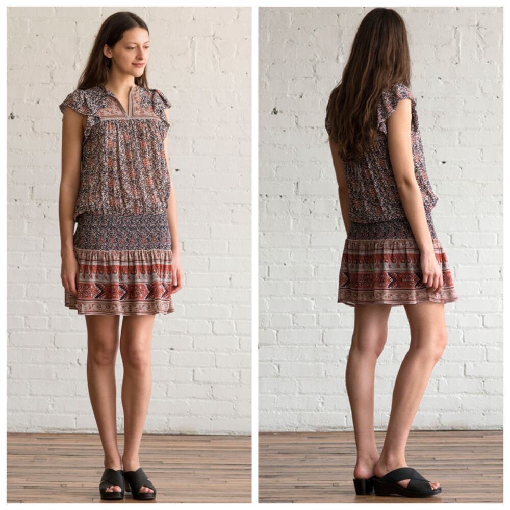 Ulla Johnson Simone Floral Silk Cap Sleeve Smocked Drop Waist Mini Dress Size 6